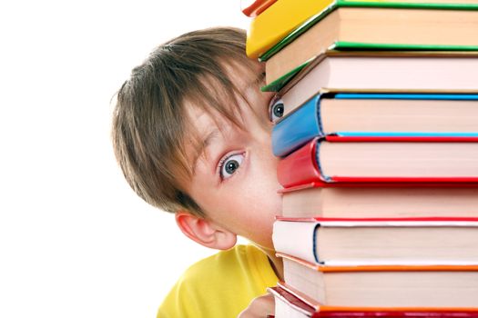 Surprised Kid behind the Books Isolated on the White Background