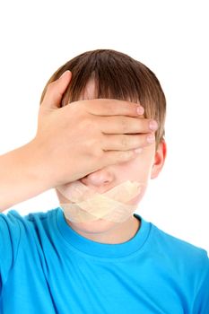 Sad Kid with sealed Mouth and Closed Eyes Isolated on the White Background