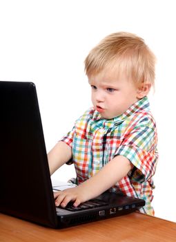 Prodigy Baby Boy playing in Laptop Isolated on the White Background