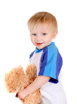 Cheerful Baby with Teddy Bear Isolated on the White Background