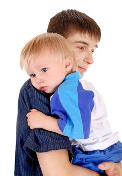 Young Father and Baby Isolated on the White Background