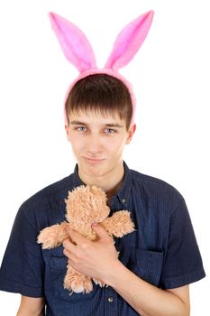 Infantile Teenager with Bunny Ears and Teddy Bear Isolated on the White Background