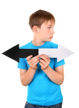 Kid holds Black and White Arrows Isolated on the White Background