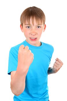 Angry Kid threaten with a Fist Isolated on the White Background