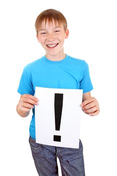 Cheerful Kid holds a sheet with Exclamation Mark Isolated on the White Background
