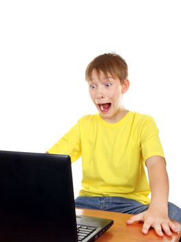 Scared Kid with Laptop Isolated on the White Background