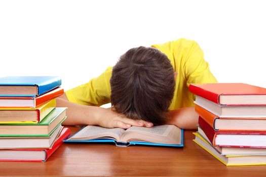 Tired Kid Sleeping on the School Desk on the white background