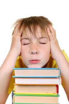 Tired Kid with the Books Isolated on the White Background