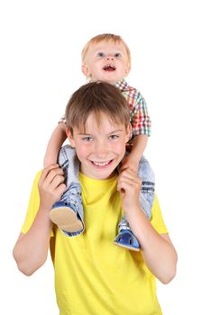 Happy Kid and Baby Boy sitting on the Shoulders on the White Background