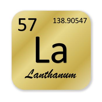 Black lanthanum element into golden square shape isolated in white background