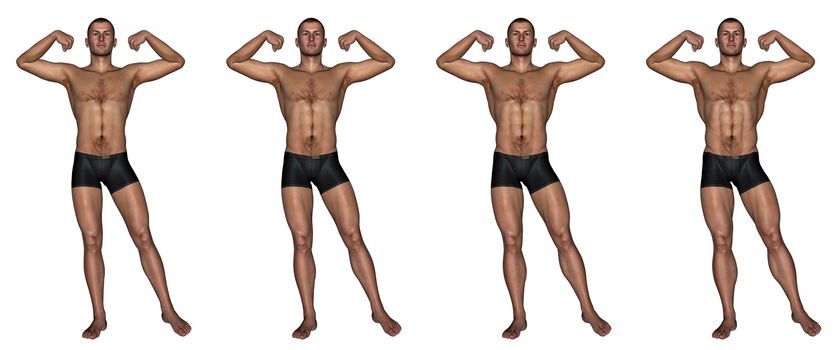 Set of four men showing progression to become a muscular man isolated in white background