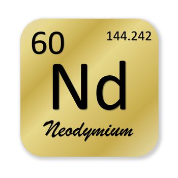 Black neodymium element into golden square shape isolated in white background
