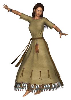 3D digital render of a beautiful native American young woman dancing in a traditional clothing isolated on white background