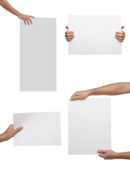 Collection of hand holding blank paper isolated on white background