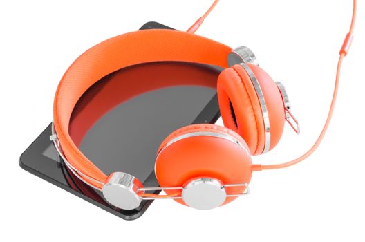 Vivid orange headphones and black tablet pc for mobile vocational training isolated on white