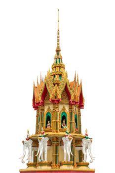 Thai Style Pagoda Decorate With Elephant Heads on Isolated Background Gold And Yellow Tone