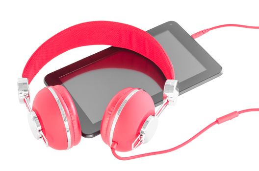 Bright red headphones and black tablet pc for modern distance education isolated on white