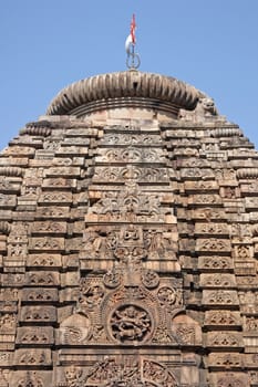 Detail of the ancient Hindu Parasuramesvara Temple. Ornately carved building. Bhubaneswar Orissa India. 7th Century AD