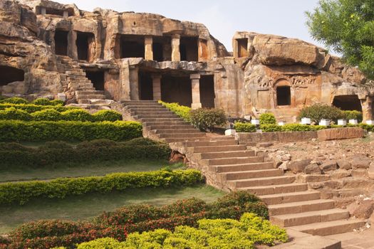 Jain cave temples carved out of the solid rock of the hillside at Bhubaneshwar, Orissa, India. 1st Century BC