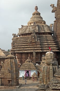 Lingaraja Hindu Temple complex. Ornately carved buildings inside a walled compound. Bhubaneswar, Orissa, India. 11th Century AD