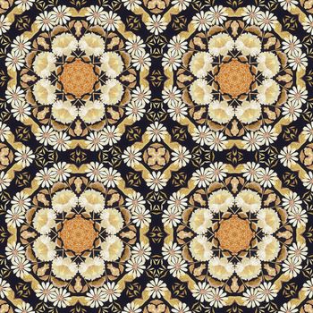 Abstract seamless artistic pattern, floral ornament, handmade applique from painted straw and bark on a black fabric background