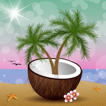 Coconut with palms on the beach