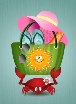 illustration of Funny crab with beach bag