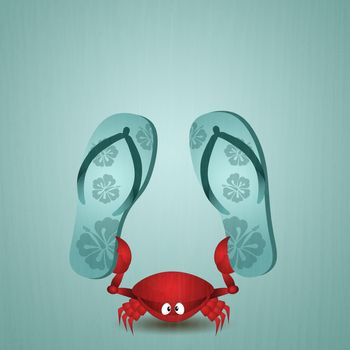 illustration of Funny crab with flip-flops for summer