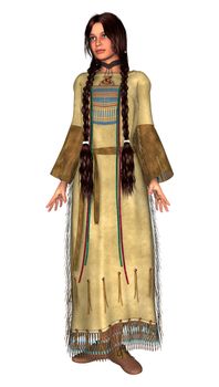 3D digital render of a beautiful native American young woman in a traditional clothing isolated on white background