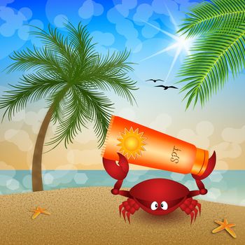 illustration of Funny crab with sunscreen on the beach