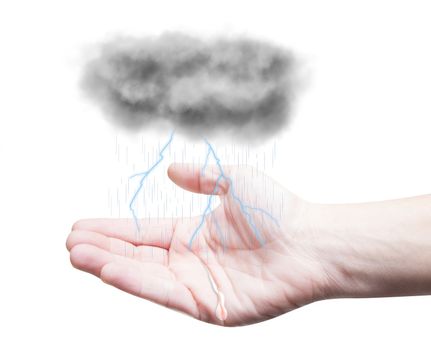 Picture of a small storm in a open hand, white background.
