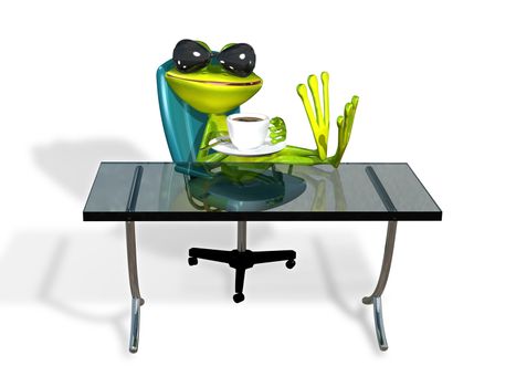 abstract illustration frog at a table with coffee