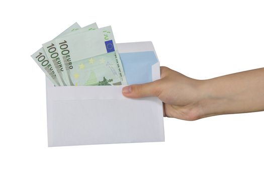 Hand taking an envelope with euros inside