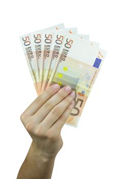 Hand taking a stack of euro banknotes