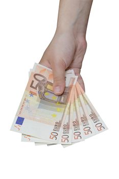 Hand taking a pile of euro banknotes