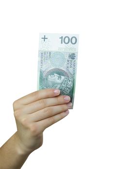 Hand taking a banknote of 100 polish zloty