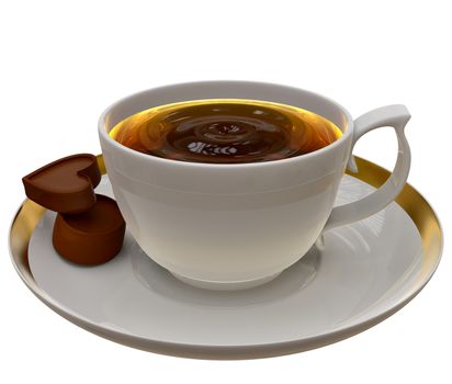 Cup of tea or coffee on a saucer with two pieces of chocolate on white background