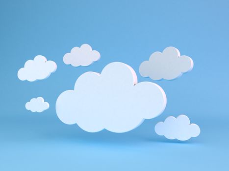 3D render of abstract shapes of clouds on light blue background. 