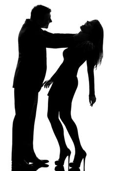 one  couple man strangulate woman expressing domestic violence in studio silhouette isolated on white background