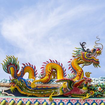 Chinese dragon on blue sky with cloud top of temple