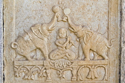 Carving of elephants and a woman decorating the walls of the Rani-ki Baoli step-well in Bundi, India