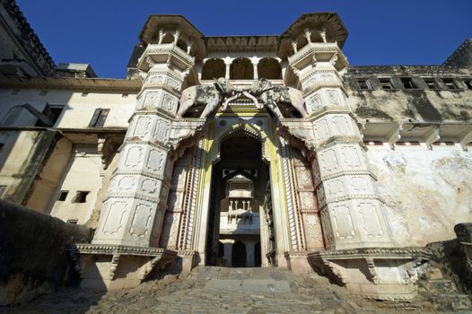 Elephant gate. Fortified entrance to the crumbling royal palace in Bundi Rajasthan India.