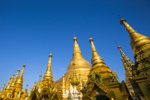 Shwedagon pagoda with blue sky. Yangon. Myanmar or Burma.