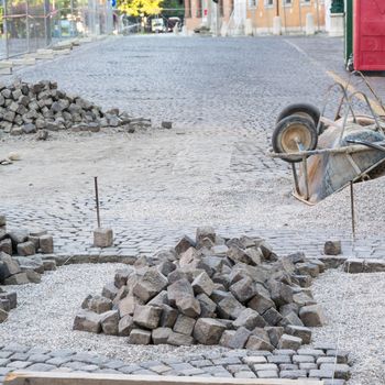 Renovation of an old street made of cubic stones