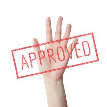 Approved red stamp hand concept isolated white background