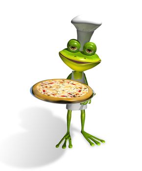 abstract illustration frog chef with a pizza