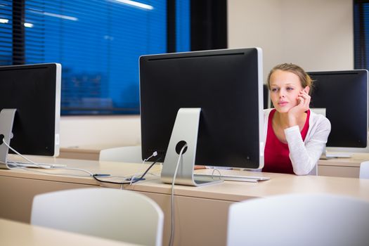 Pretty, young female college student using a desktop computer/pc in a college library (shallow DOF; color toned image)