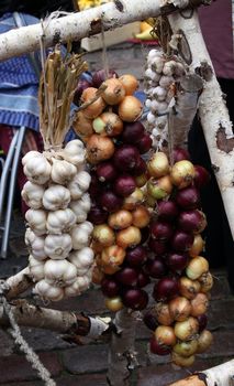 Autumn trade fair.Garlic and onions