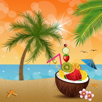 illustration of Coconut with fruits on the beach