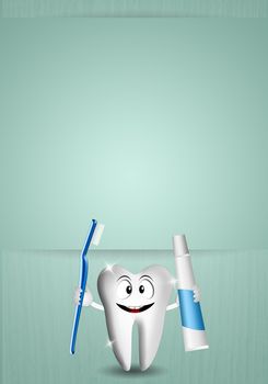 illustration of a Funny tooth with toothbrush and tootpaste